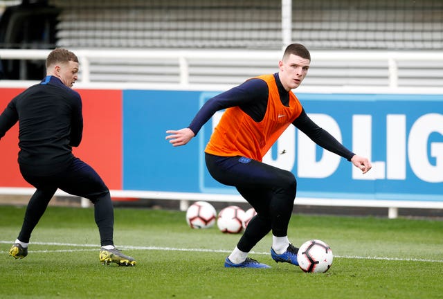 Declan Rice (right) got his first taste of England training at St George’s Park. (Martin Rickett/PA Images)