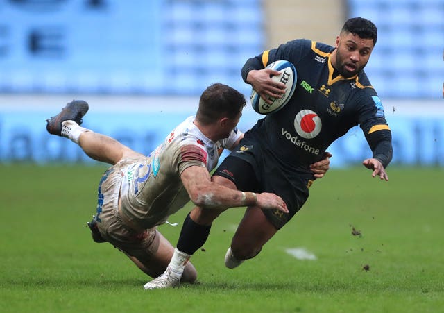 Wasps' Lima Sopoaga is halted by Ollie Devoto during Exeter's 34-5 Gallagher Premiership defeat at the Ricoh Arena
