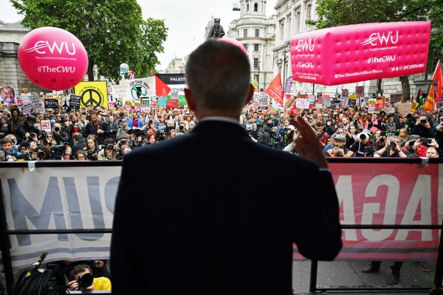 Labour Party leader Jeremy Corbyn speaking on stage at an anti-Trump protest in London