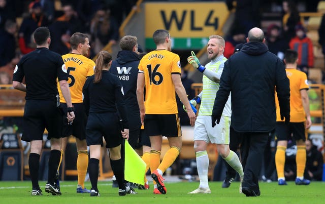 Kasper Schmeichel, second right, shows his frustration at half-time