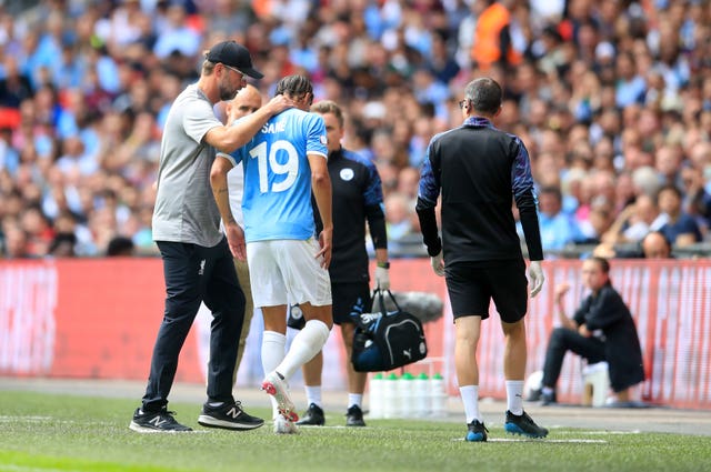 Leroy Sane, centre, limped off at Wembley