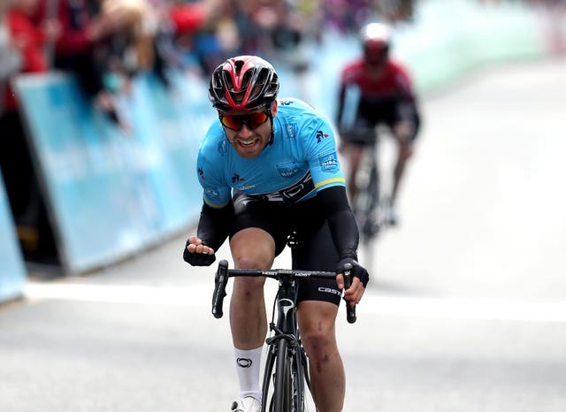 Team Ineos' Christopher Lawless celebrates winning the Tour de Yorkshire after stage four of the Tour de Yorkshire 