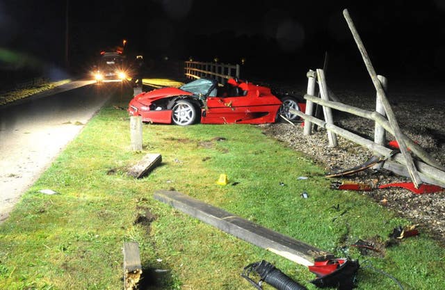 The Ferrari driven by Matthew Cobden after the fatal crash. (CPS/PA)