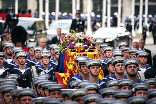 The coffin is carried to the Queen's state funeral at Westminster Abbey