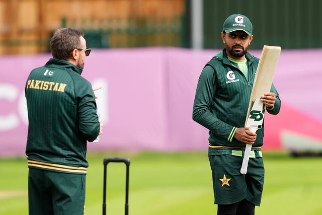 Babar Azam at training with Pakistan head coach Mike Hesson.