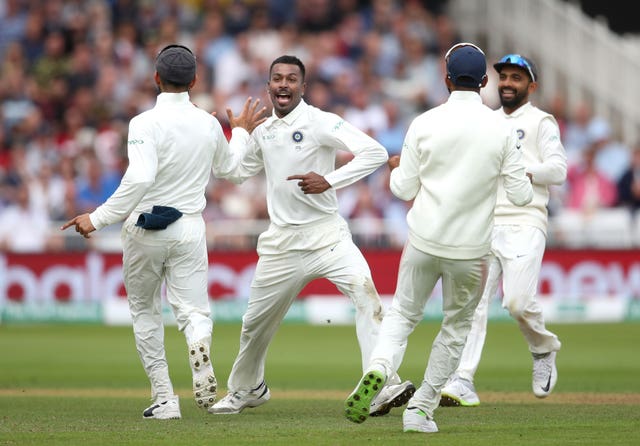 India’s Hardik Pandya, centre, took five wickets in the afternoon session of day two of the third Test 