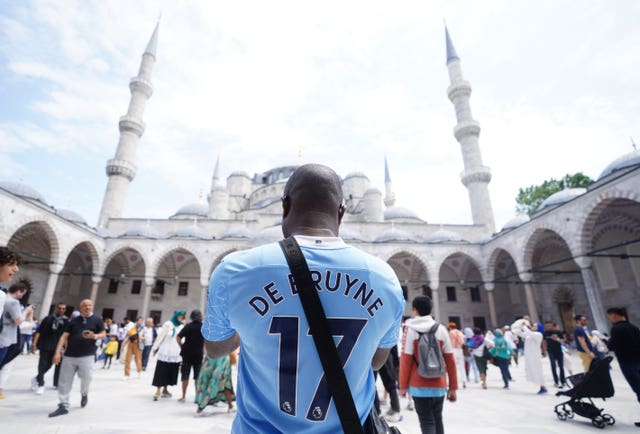 Man City fans at the Blue Mosque in Istanbul, ahead of Saturday’s Champions League final between Manchester City and Inter Milan at the Ataturk Olympic Stadium