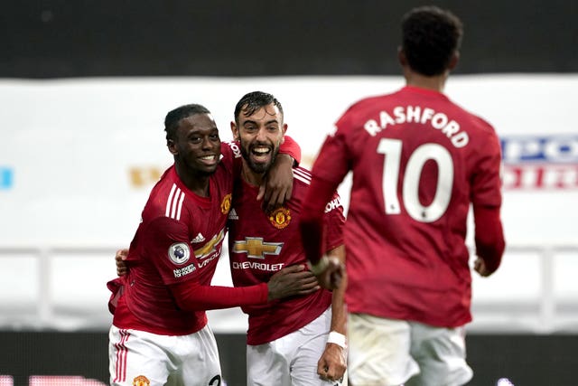 Aaron Wan-Bissaka, Bruno Fernandes and Marcus Rashford, left to right, also scored in the latter stages for Manchester United