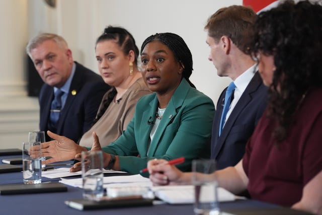 (left to right) Marlon West, Fiona Goddard, Conservative Party leader Kemi Badenoch, shadow home secretary Chris Philp and Lucia Rea during a press conference setting out their proposed terms of reference for a national inquiry into grooming gangs