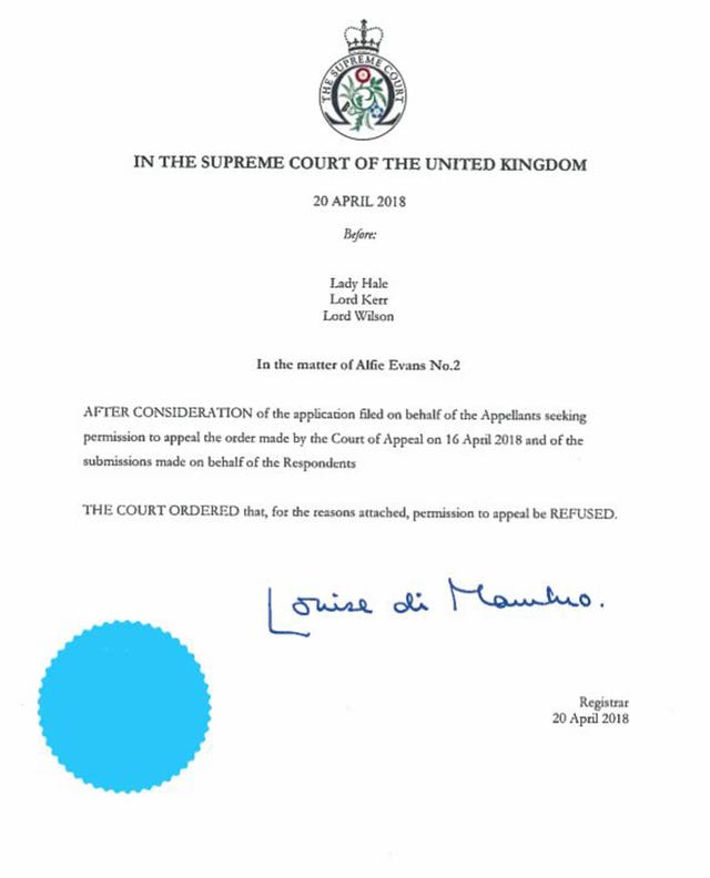 The front cover of the ruling by Supreme Court president Lady Hale, Lord Kerr and Lord Wilson in the latest round of the legal fight for the treatment of 23-month-old Alfie Evans (Supreme Court/PA)