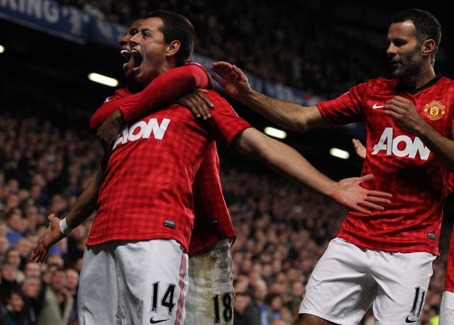 Javier Hernandez celebrates scoring his side's third goal as Manchester United beat Chelsea 3-2 during the 2012/13 season