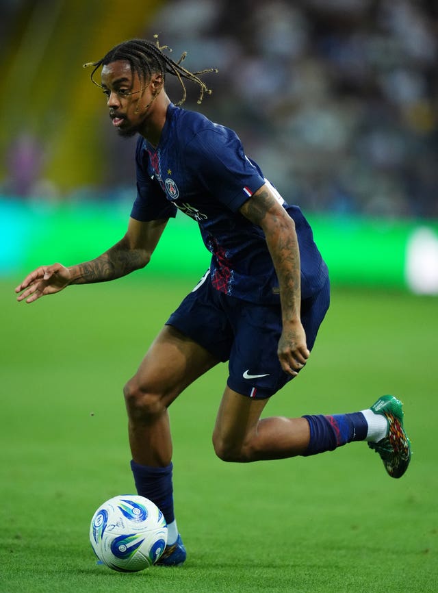 Bradley Barcola runs with the ball during a game for PSG