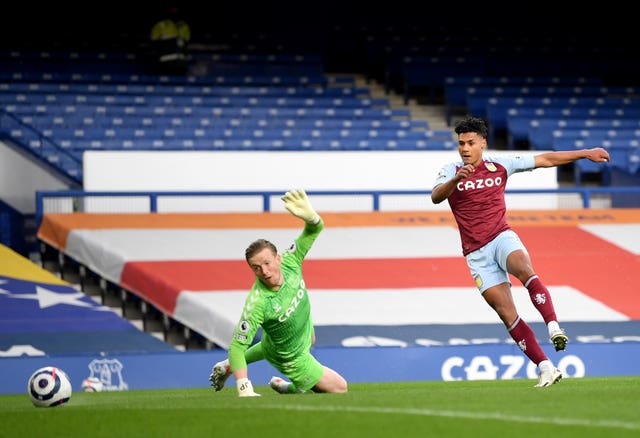 Aston Villa's Ollie Watkins scores against Everton