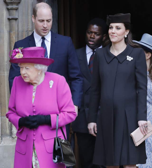 The Duke and Duchess of Cambridge and the Queen, leave following the Easter Mattins Service at St George’s Chapel (Tolga Akmen/PA)