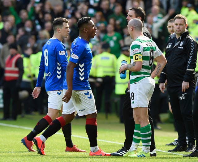 Alfredo Morelos, second left, clashed with Scott Brown, second right, and was sent off for the fifth time this season