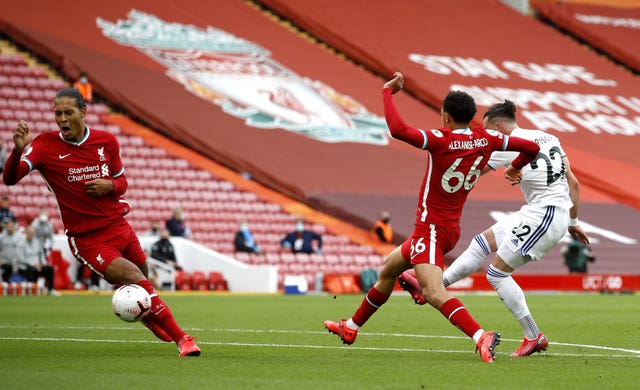 Jack Harrison, right, fires Leeds level at 1-1 in Saturday's 4-3 defeat at Anfield