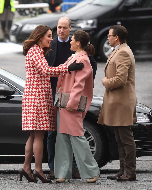 The Duke and Duchess of Cambridge, accompanied by Crown Princess Victoria and Prince Daniel of Sweden, arrive at the Karolinska Institute in Stockholm to hear about Sweden’s approach to managing mental health challenges. (Victoria Jones/PA)
