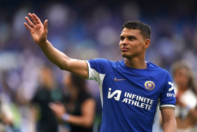 Thiago Silva waves to the crowd after making his final appearance for Chelsea in 2024