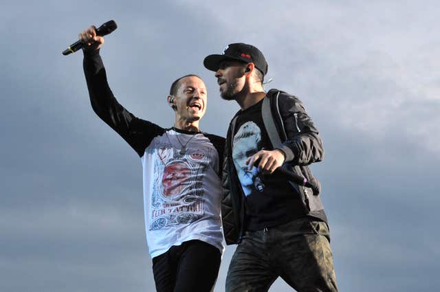 Mike Shinoda and Chester Bennington of Linkin Park pictured in 2014 before Bennington's death last year.