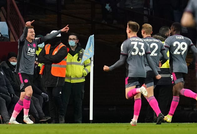 Leicester's Harvey Barnes, left, celebrates his opener