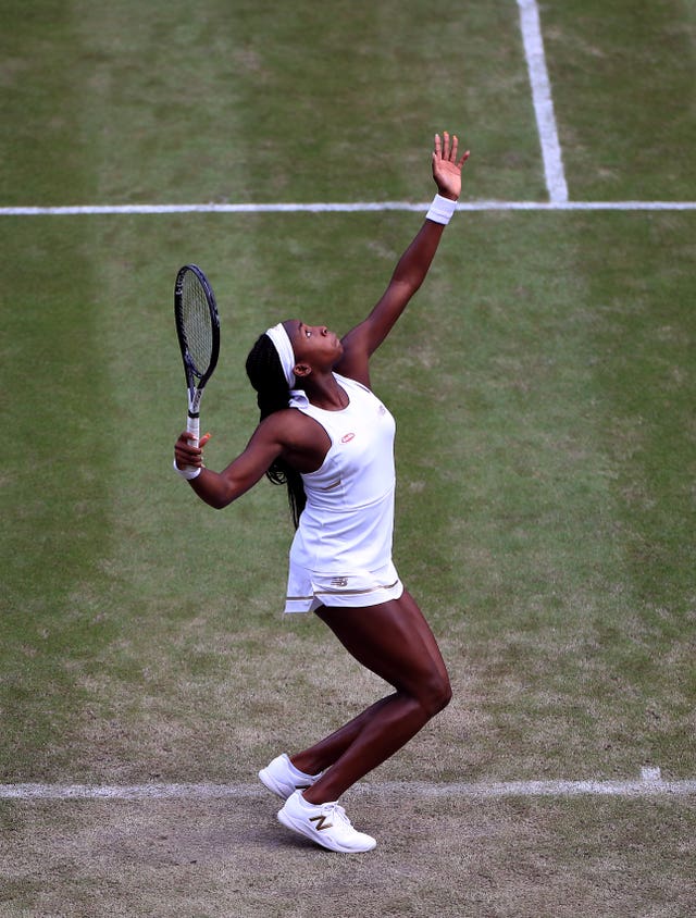 Coco Gauff hits a serve