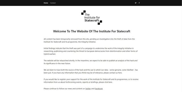 The home page of The Institute for Statecraft, showing a message following a suspected cyber attack on the website (Institute for Statecraft/PA)