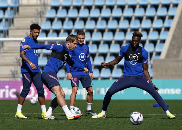 England’s Jadon Sancho, Jack Grealish, Kieran Trippier and Tammy Abraham (left-right) during a training session at Estadi Nacional, Andorra (Nick Potts/PA)