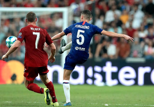 Chelsea's Jorginho with an incorrectly spelled name on his shirt during the Super Cup in Istanbul