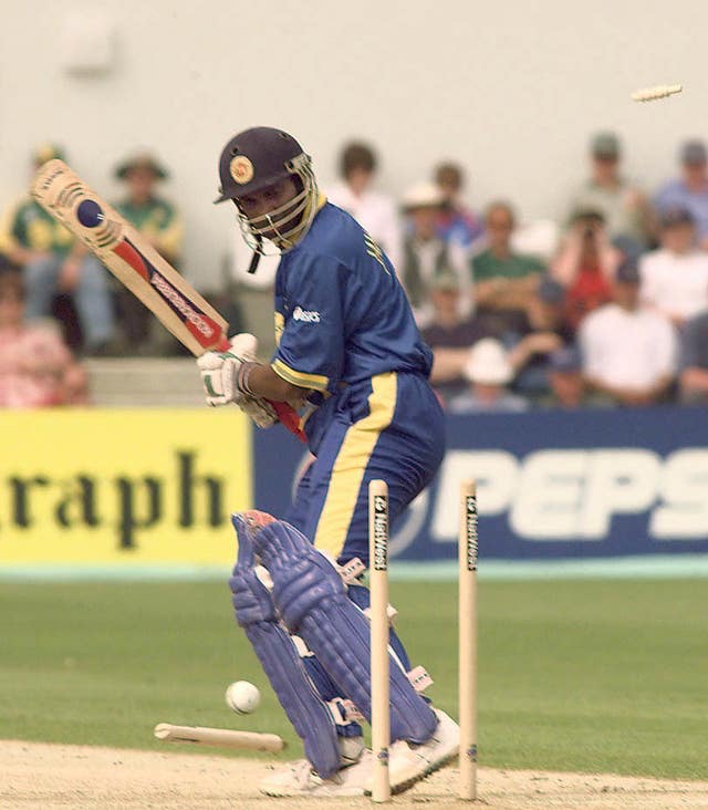 Sanath Jayasuriya of Sri Lanka is bowled by Jacques Kallis of South Africa at the 1999 Cricket World Cup