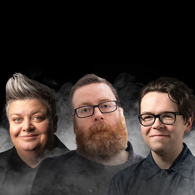 Composite image showing Susie McCabe, Frankie Boyle and Christopher MacArthur-Boyd against a mysterious smoky background