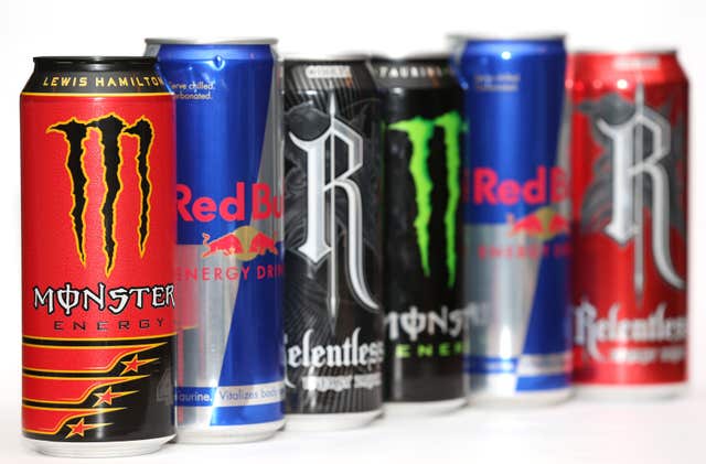 Cans of Red Bull, Monster and Relentless energy drinks (Jonathan Brady/PA)