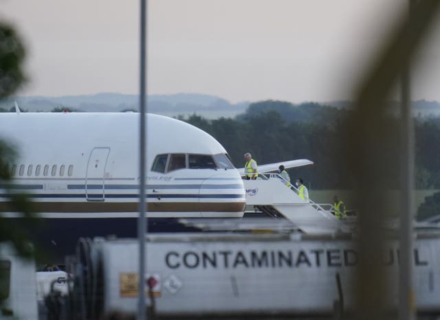 A Boeing 767 waits to take off from MoD Boscombe Down, near Salisbury.