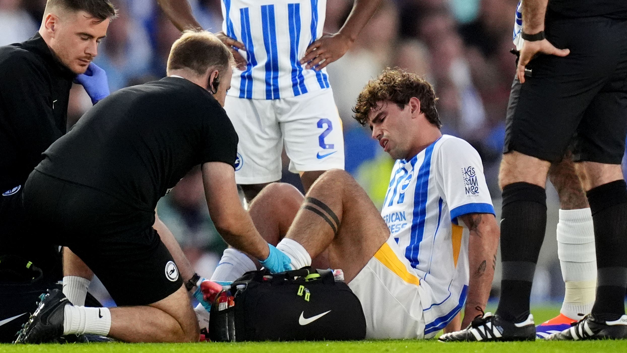 Matt O’Riley (second right) limped off after just 10 minutes of his debut (John Walton/PA)