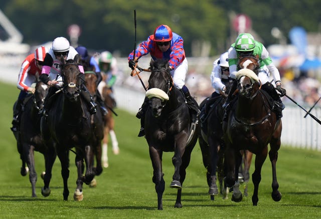Big Mojo (centre) coming home to win the Jaeger-Lecoultre Molecomb Stakes at Goodwood