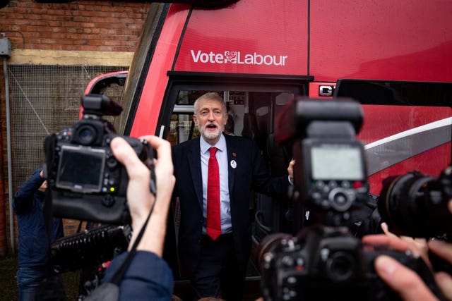 Labour leader Jeremy Corbyn on board the Labour battle bus (Jacob King/PA)