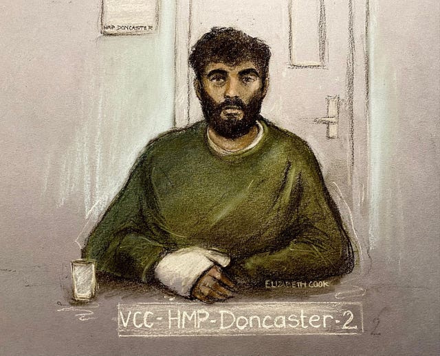 Court artist sketch by Elizabeth Cook of Hassan Jhangur