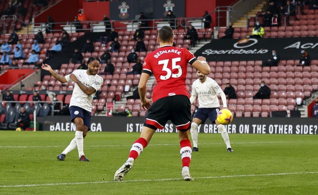 Manchester City’s Raheem Sterling scores a goal against Southampton