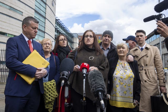 Aine McCann (centre) outside Laganside Court in Belfast 