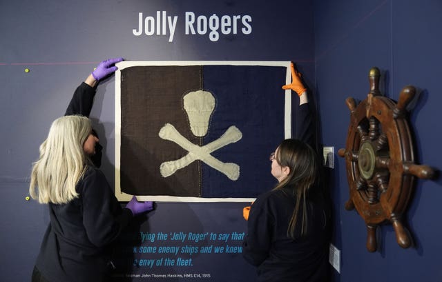 The earliest known surviving example of a Royal Navy submarine Jolly Roger, flown from HMS E54 during the First World War, is installed as part of a Jolly Roger display at the Royal Navy Submarine Museum in Gosport, Hampshire