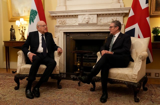 Sir Keir Starmer and Lebanese prime minister Najib Mikati sit in the White Room in 10 Downing Street