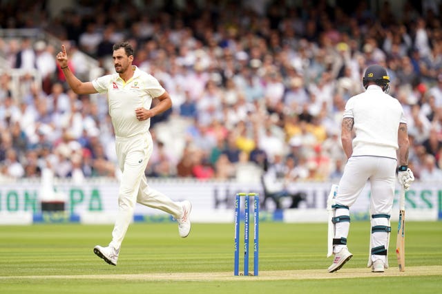 Mitchell Starc, left, celebrates the wicket of England’s Ben Stokes 