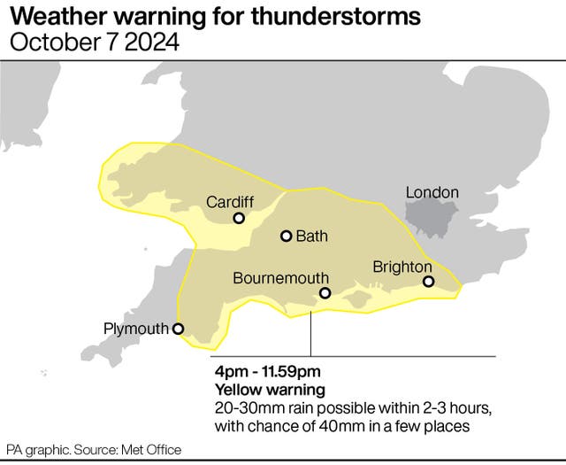 Map highlighting the parts of England and Wales covered by the weather warning for thunderstorms