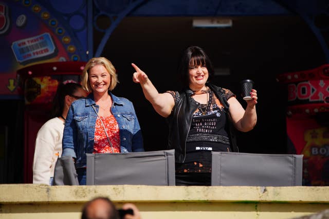 Joanna Page, left, and Ruth Jones smile for the audience as they film the final episode of Gavin And Stacey