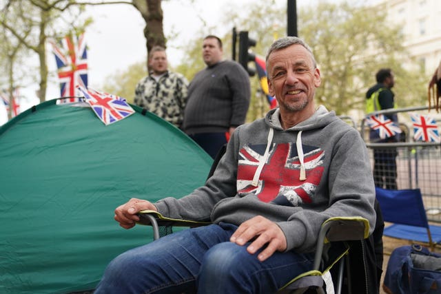 Richard Turner, from Southend-on-Sea, who is already in position along The Mall in central London ahead of the coronation