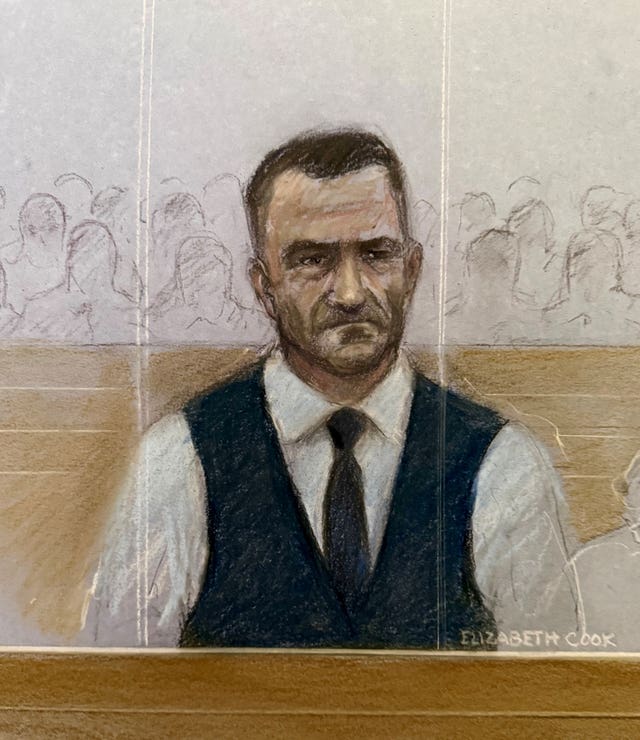 Court artist sketch by Elizabeth Cook of Tommy Robinson, whose real name is Stephen Yaxley-Lennon, appearing in the dock at Southwark Crown Court