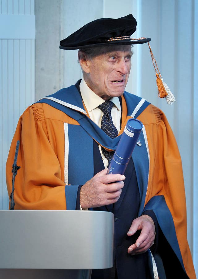 The Duke of Edinburgh gives a speech after receiving an honorary doctorate of marine science from Plymouth University 