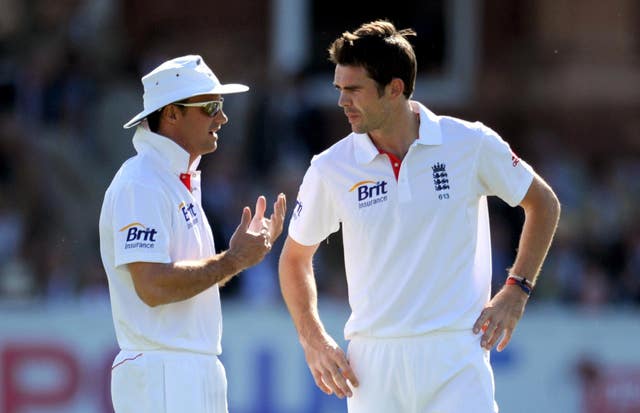 Andrew Strauss (left) speaks with James Anderson during day four of the first Test against India at Lord's in summer 2011