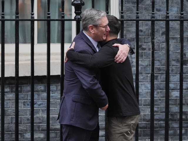 Sir Keir Starmer hugging Volodymyr Zelensky outside 10 Downing Street