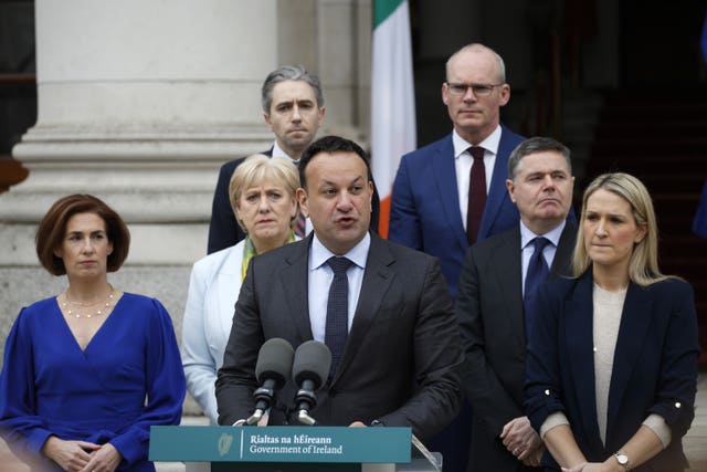 Leo Varadkar flanked by supporters speaking to the media at Government Buildings in Dublin 