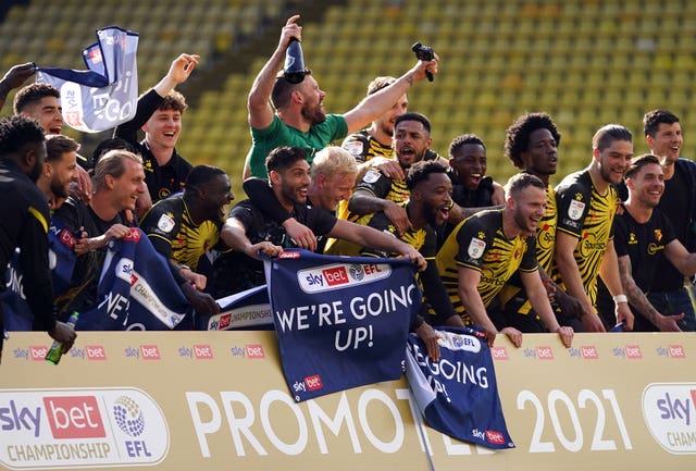 Watford players celebrate promotion